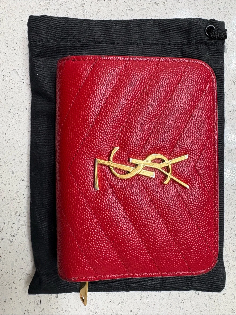 Yves Saint Laurent Red Quilted Zip Wallet with Gold YSL Logo